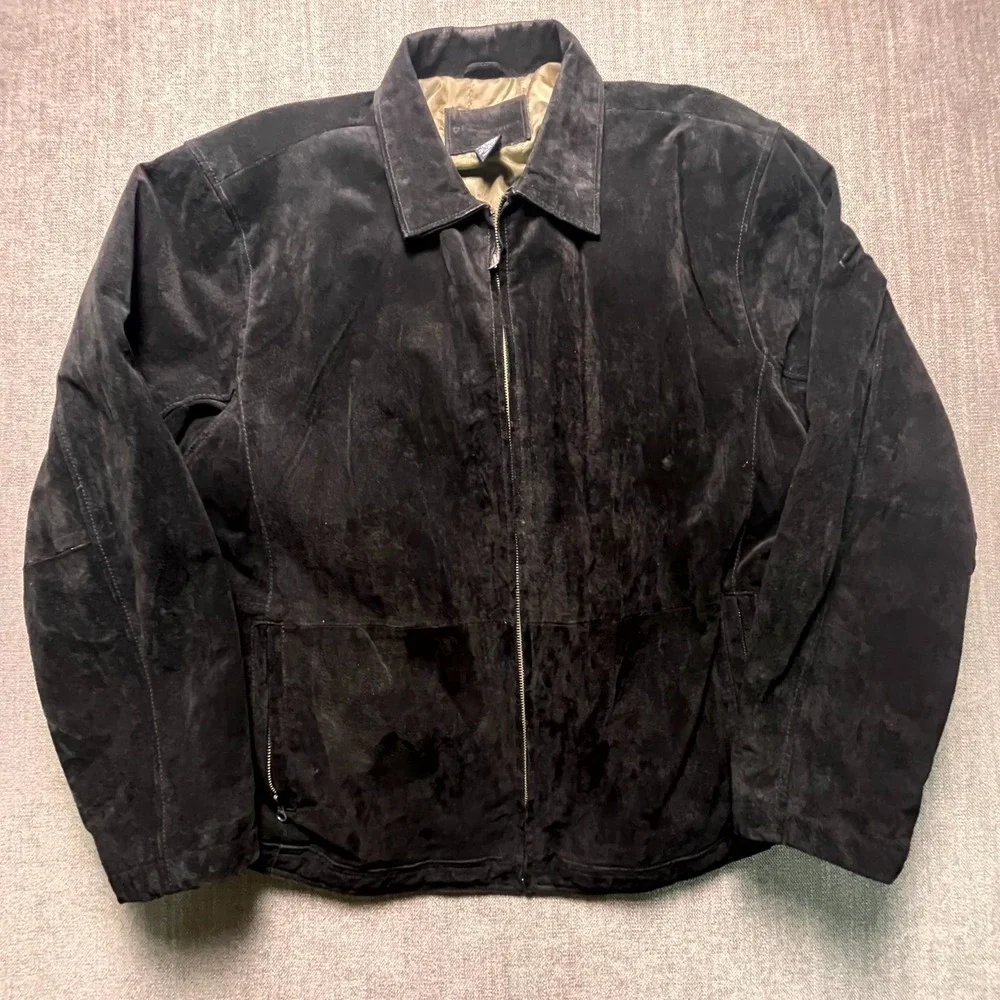 Knightsbridge Leather Jacket Mens XL Black Full Zip Suede Collared Classic 593